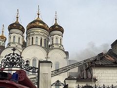 A shell hits the refectory near cathedral during bombardment of Horlivka
