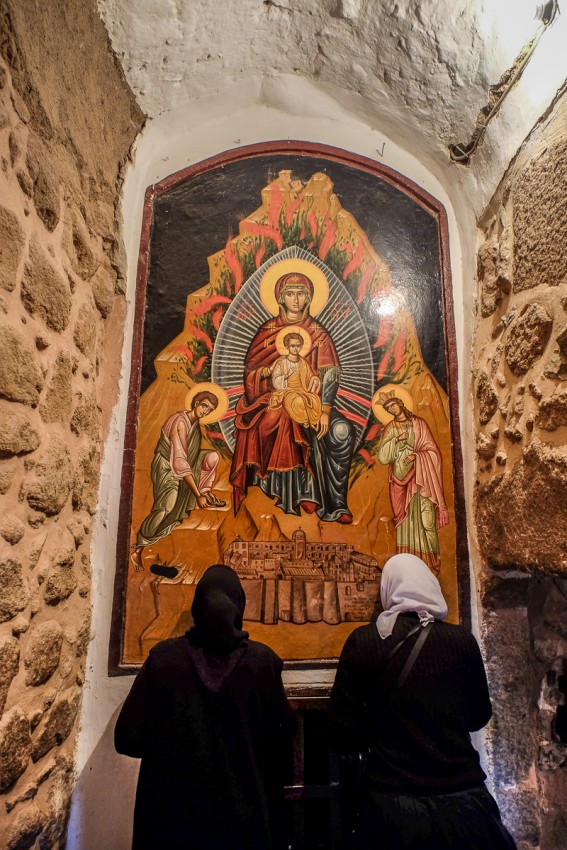 The Burning Bush as a symbol of Holy Theotokos. Below are Moses and St. Catherine
