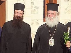 His Beatitude Theodoros II congratulates Archimandrite Gerasimos Marmatakis on his election as new Metropolitan of Petra and Herronisos in Crete