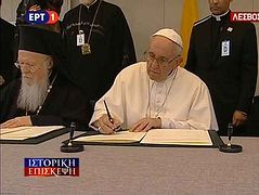 Addresses and Joint Declaration of Ecumenical Patriarch, Archbishop of Athens, and Pope Francis at Lesvos refugee camp