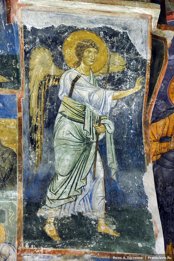 Αρχάγγελος Γαβριήλ. Τοιχογραφία στον καθεδρικό ναό της Μεταμορφώσεως του Σωτήρος στη μονή Μιρόζσκι
