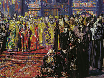 Новомученики и подвижники Высоко-Петровского монастыря на эскизах Павла Корина к «Реквиему»