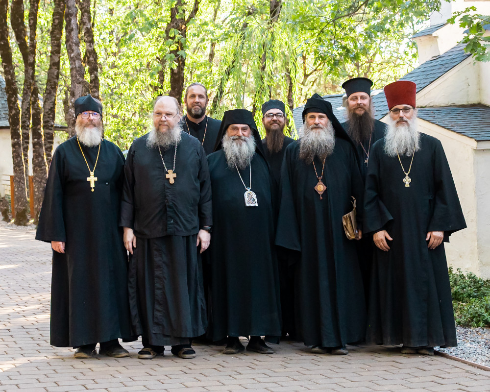 Front row L to R: Archpriest Martin Person, Abbot Damascene, Metropolitan Nikoloz, Bishop Gerasim, Archpriest Paul Volmensky  Back row L to R: Fr. Gregory Matlak, Fr. John Valadez, Fr. Justin Havens