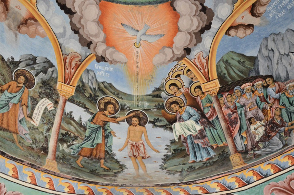 The Baptism of the Lord. Fresco of St. John of Rila in the gallery of the Church of the Nativity of the Most Holy Theotokos