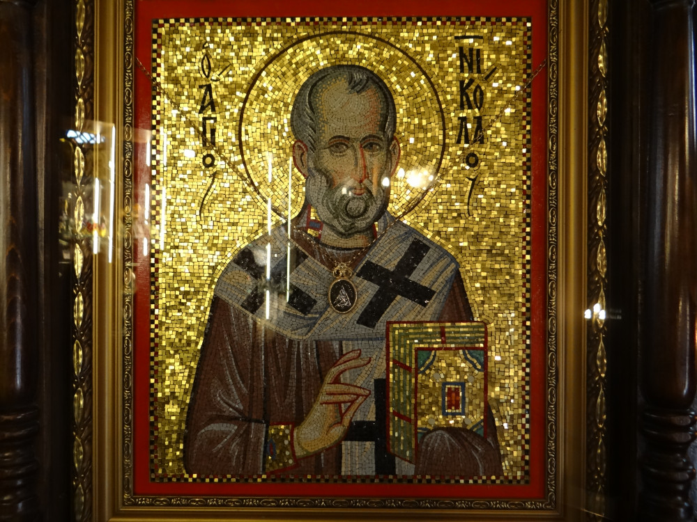 Mosaic icon of St Nicholas, a copy of an icon in Stavronikita Monastery, Mt Athos