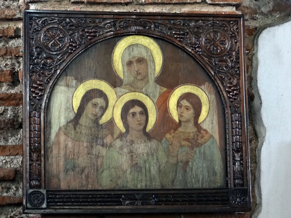 Icon of St. Sophia and her three daughters, Faith, Hope, and Love. See how Faith looks up, Hope looks down (is humble), and Love looks all around