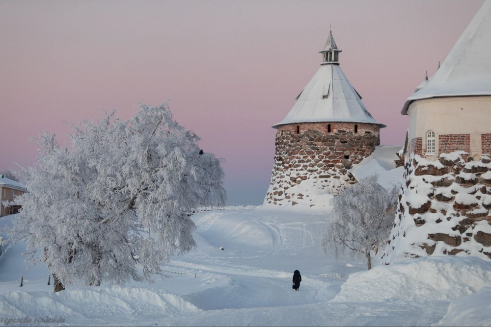 A frosty day after sunset. Seen is the Korozhnaya Tower of the monastery