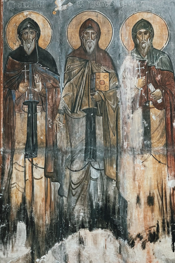 Sts. Shio of Mgvime, John of Zedazeni, and Evagrius of Shio-Mgvime Monastery (copy of a fresco). Akhtala, Church of the Holy Mother of God, 13th century (National Gallery of Armenia)