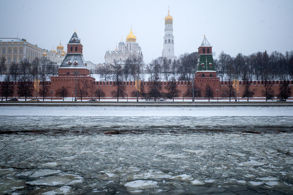 The Moscow Kremlin and Cathedral Square behind the Kremlin wall