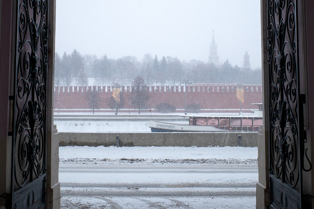 View of the Kremlin from the gates of the Church of St. Sophia the Wisdom of God in Sredniye Sadovniki