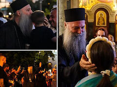 Serbian Patriarch walks among thousands waiting in line to venerate Belt of Theotokos