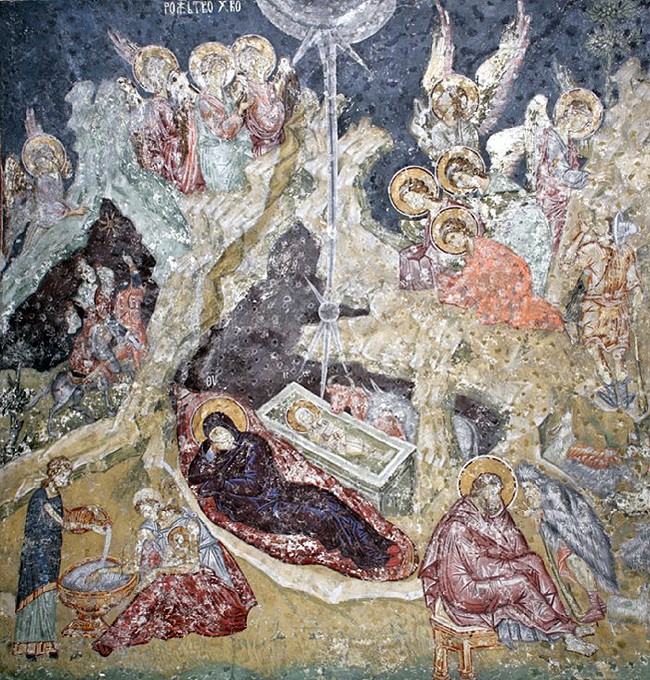 Η Γέννηση του Χριστού. Αγιογραφία στον ναό των Αγίων Αποστόλων στη μονή Πεκίου. Σερβία. 14 αιώνας