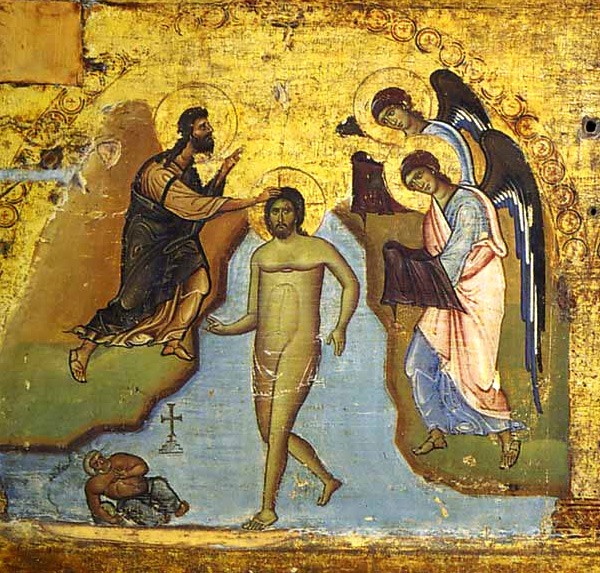 Baptism__Transfiguration__Resurrection of Lazarus, an epistilion on the templon (a horizontal series of icons depicting the major feasts, on the board extending over the altar doors). Late 7th c., Sinai Monastery.