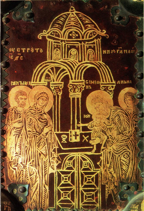 Деталь Васильевских врат, 1336 г. Техника золотой наводки на меди