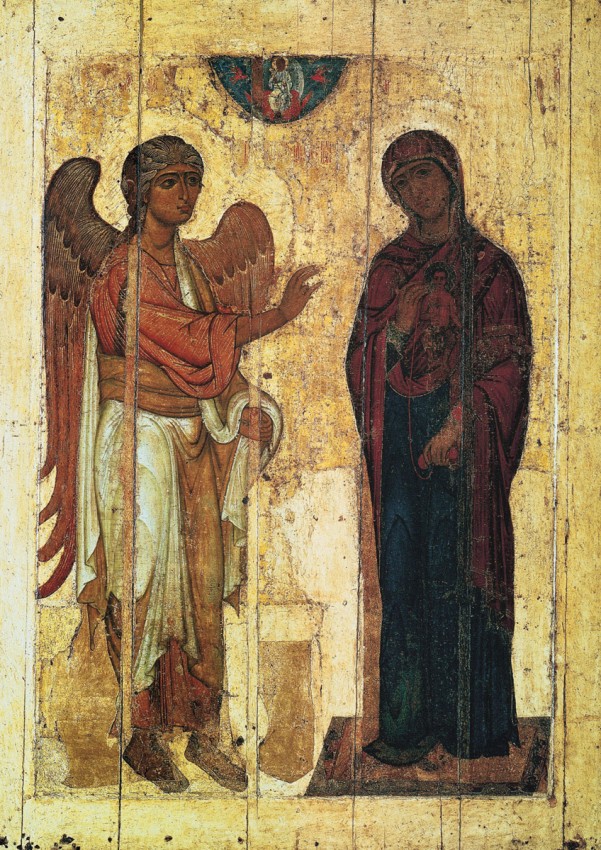 Устюжское Благовещение, Новгородская икона, вторая четверть XII век,  Государственная Третьяковская Галерея