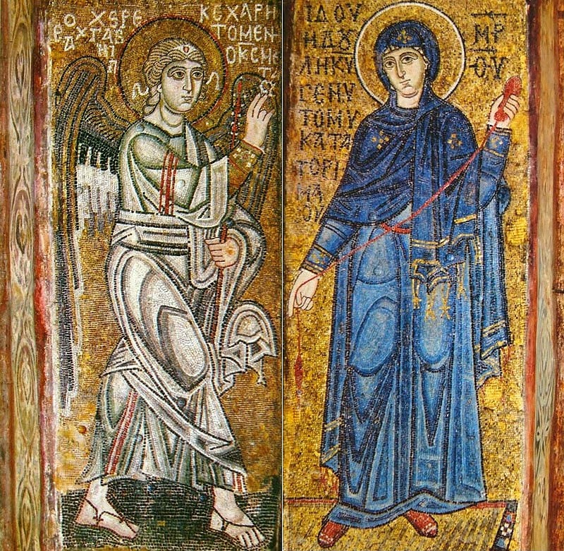 Благовещение, мозаики на двух столбах Софии Киевской, ок. 1040