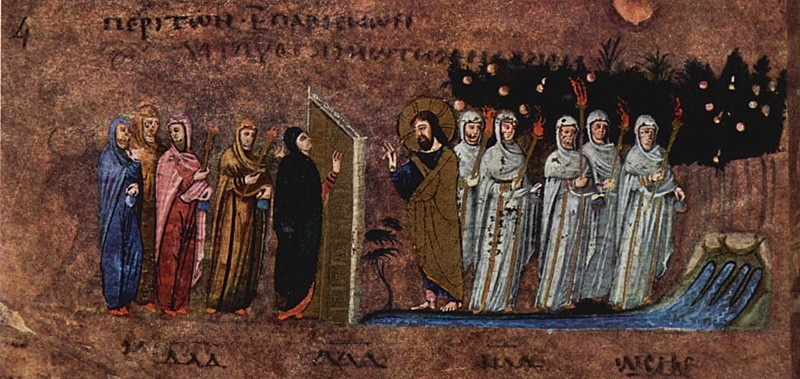 Великий Вторник. Притча о десяти девах. VI в. Миниатюра Евангелия из Россано. Музей в Россано, Италия