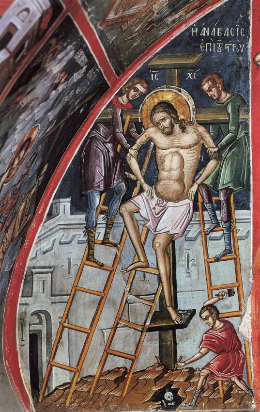 Великая Пятница. Пригвождение ко Кресту. Фреска монастыря Дионисиат, Афон